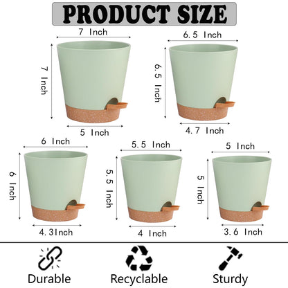 SE SUN-E Self Watering Planters for Outdoor Plants 7/6.5/6/5.5/5Inch 5Pack Flower Pot for House Plants Green Indoor Plastic Pots Plant Pots Succulent Pots with Drainage Hole and Deep Reservoir