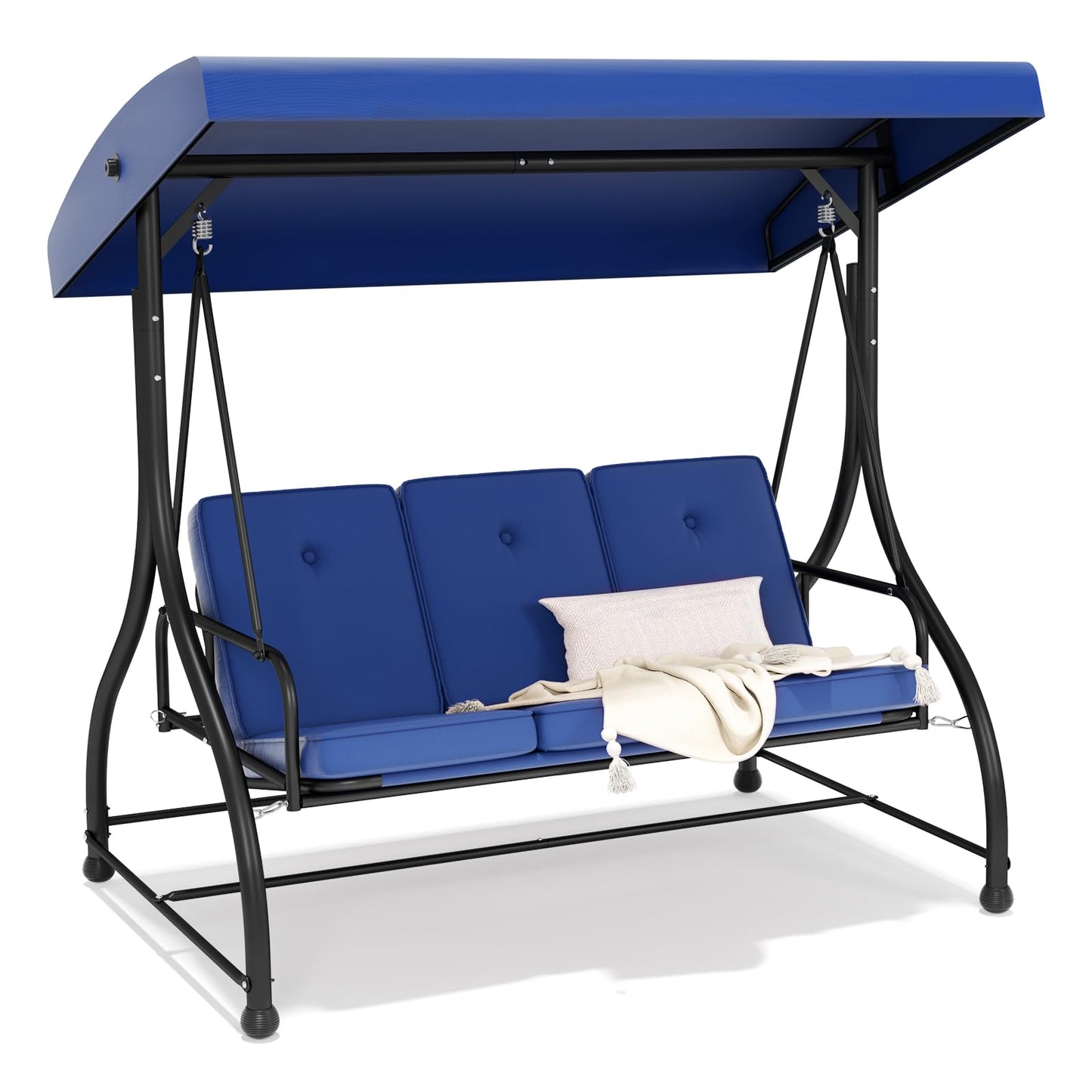 3-Seat Patio Swing Chair Outdoor Heavy Duty Steel Frame with Adjustable Canopy Removable Cushions - All Weather Porch Swings Glider for Backyard, Garden, Poolside - Blue