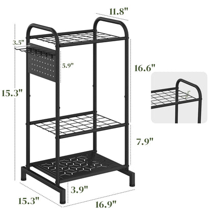 PULIJIAJU Garden Tools Organizer Rack, Yard Tool Rack, Heavy Duty Steel Yard Tool Organizer and Storage Holder Broom Holder for Shed, Patio, Outdoor (Rack with Hooks)