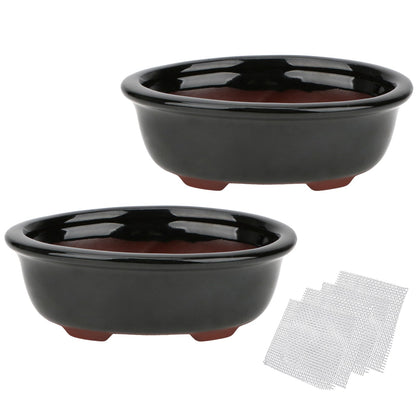 Set of 2 Zisha Ceramic Bonsai Pot, Glazed Shallow Succulent Planter Black