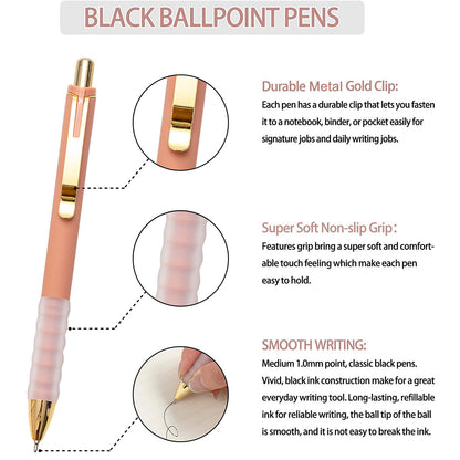 Linbsunne Ballpoint Pens Black Medium Point 1mm Pen with Super Soft Grip Ball Point Pen for Men Women Retractable Pens (gold-12 pcs)