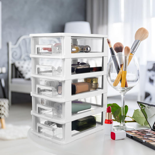 STOBOK 5 Drawer Plastic Storage Organizer Multifunctional Desktop Storage Cabinet Portable Drawer Type Closet for Office Study Living Room 12.36X8.30X5.98 Inches