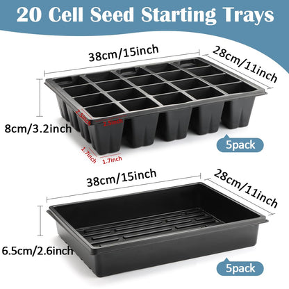 RooTrimmer 2.5 inch Square Pots 3.5 inch Deep 20 Cell Seedling Trays with Water Collection Nursery Trays (15"x11"x3") for Seeds Starting and Transplanting(5 Sets)