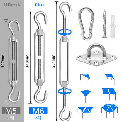 Sun Shade Sail Hardware Kit 6 Inch for Rectangle & Triangle Shade Sail Install, Stainless Steel Shade Sail Fixing Accessories for Outdoor Patio Canopy Garden, Heavy Duty Awning Attachment Set (44 Pcs)