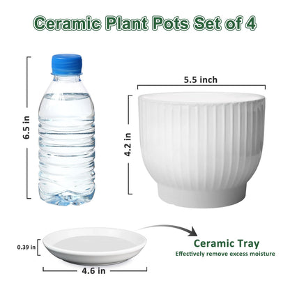 YUFDA 5.5 Inch Plant Pot, Ceramic Planter with Drainage and Saucer，Ceramic Pots for Plants, Indoor Plant pots，Succulent Orchid Flower Pot(Pure White,4 Pack)