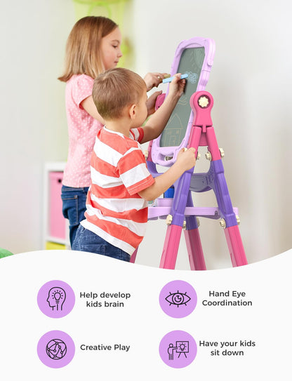 YOHOOLYO Kids Easel Standing Art Easel for Kids, Double Sided Children Pink Purple Easel Magnetic Chalkboard Whiteboard Dry Eraser Board Great Gift for Girls