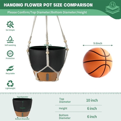 YUNLINGAA Self-Watering Hanging Planters for Indoor Plants Set 2-Piece Includes Plant Hanging Pot, Drainage-Hole Hanging Pot, and Hanging Basket Rack (10 Inches, Black)
