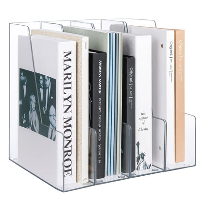 Vertical Magazine File Holder, Clear File Organizer Desk Organizer and Storage Bins Holding for Magazines, Binders, Notebooks, Envelopes, Plastic Office Organization and Storage for Desk, 4 pack