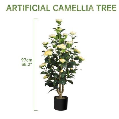 Romantic Season 2Pack Artificial Camellia Tree, 3FT Yellow Faux Camellia Plant for Modern Home, Office & Living Room Floor Decor