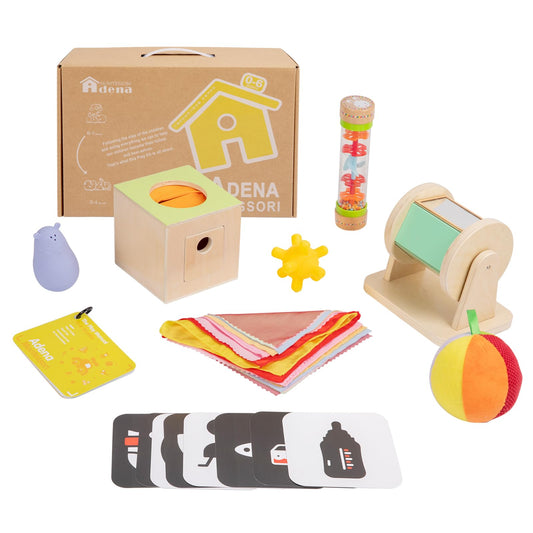 8 in 1 Montessori Toys for Babies 0-6 Month-Baby Tummy Time, Black White Card for Newborns,Rainmaker Rattle for Babies, Tissue Box,Spinning Drum,Ball with Bell-Baby Sensory Developmental Toys