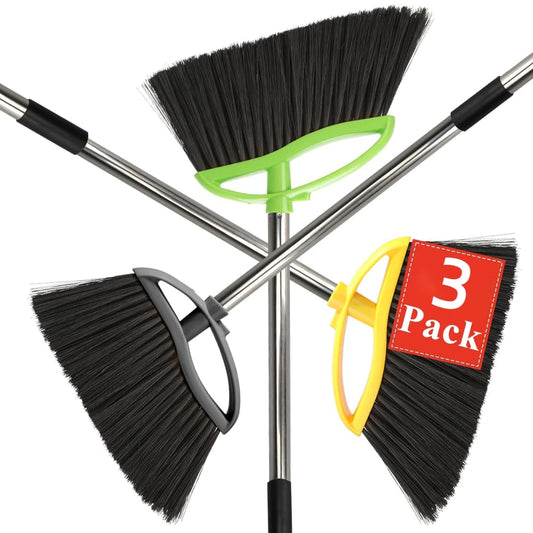 Chanhoo 3 Pack Soft Bristle Angle Broom for Floors - Wide Indoor Heavy Duty Broom with 38"-53.5" Adjustable Handle, Kitchen & Restaurant Use for Hardwood, Porch (Gray, Yellow, Green)