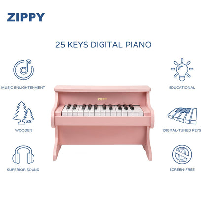 ZIPPY Kids Piano Keyboard, 25 Keys Digital Piano for Kids, Mini Music Educational Instrument Toy, Wood Toy for Toddlers Girls Boys (Pink)