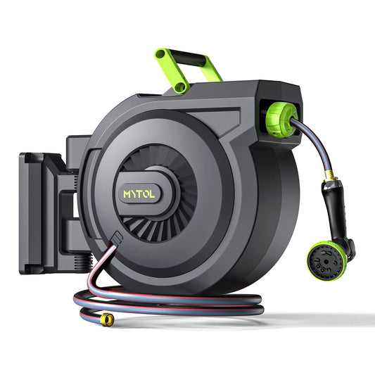 Retractable Garden Hose Reel, 5/8 Inch x 82 ft + 6 ft Wall Mounted Water Hose Reel with Auto Slow Rewind System, 10-Pattern Nozzle, Any Length Lock, 180° Swivel Bracket, Ideal for Easy Watering