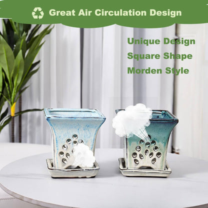 Ceramic Orchid Pots with Holes attached Saucers 4.8 Inches - Set of 2 Small Square Orchid Pots for Repotting, Decorative Ceramic Orchid Planter with Hole for Healthy Root Growth Green Blue Mixed
