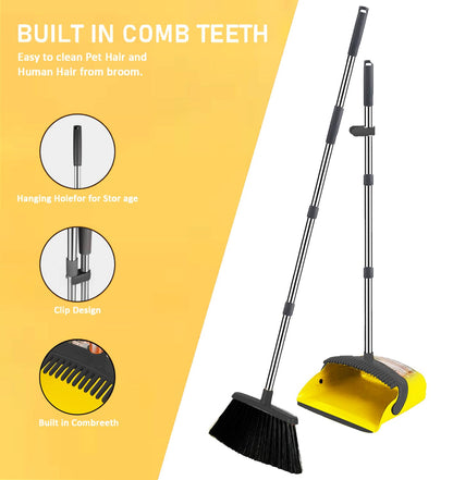 2-Pack is More economical,Brooms with Dustpan Combo Set， with 52" Long Handle, Dustpan Teeth with self-Cleaning Function, Indoor and Outdoor Sweeping, Perfect for Home Office(Large/Yellow /2-Pack)