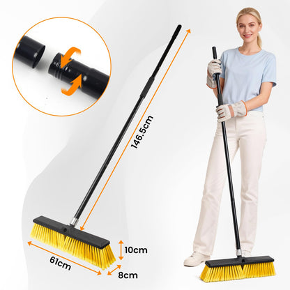 TOMAIX 24 Inches Push Broom Outdoor，Commercial Broom Brush，Stiff Bristle Brush with 61.8 inches Long Handle for Patio Garage Deck Street Shop Warehouse Lawn Driveway -3 Pack