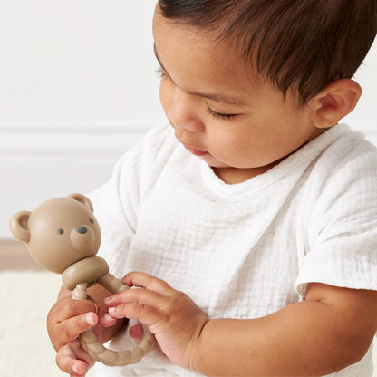 Itzy Ritzy Silicone Rattle Toy – Soothing Teething Toy with Soft Jingle Sound & Easy-Grip Textured Handle - for Ages 3 Months and Up (Bear)
