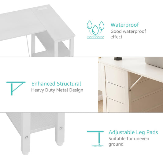 Lufeiya White L Shaped Computer Desk with Drawers & Storage Shelves, 47 Inch Corner Reversible Desk with Power Outlet for Home Office Bedroom, L-Shaped Teen PC Desks with Fabric Drawer, White