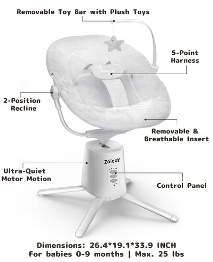 Zoicay Baby Swing,Baby Swings for Infants with 3 Modes & 5 Speeds, BT Enabled App & Remote Control, Electric Swing – 6 Lullabies and 3 Timer Setting, 2 Seat Positions and 5-Point Harness Swing (White)