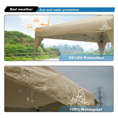 MAOO 10x10 Pop Up Canopy Tent with Sidewall, Easy Setup Instant Outdoor Canopy, 210D Silver Coated Waterproof UPF 50+ Sun Shade Shelter, Heavy Duty Steel Frame, Roller Bag, Khaki