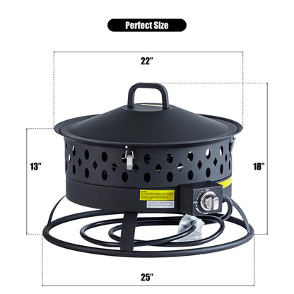 Verdeluxe 22 Inch Portable Propane Fire Pit,Gas Fire Pit for Outside with Lid & Handle, Smokeless Gas Firepit Bowl with Lava Rocks,Outdoor Propane Firepits for Camping,Patio,Yard,Bonfire.(Black)