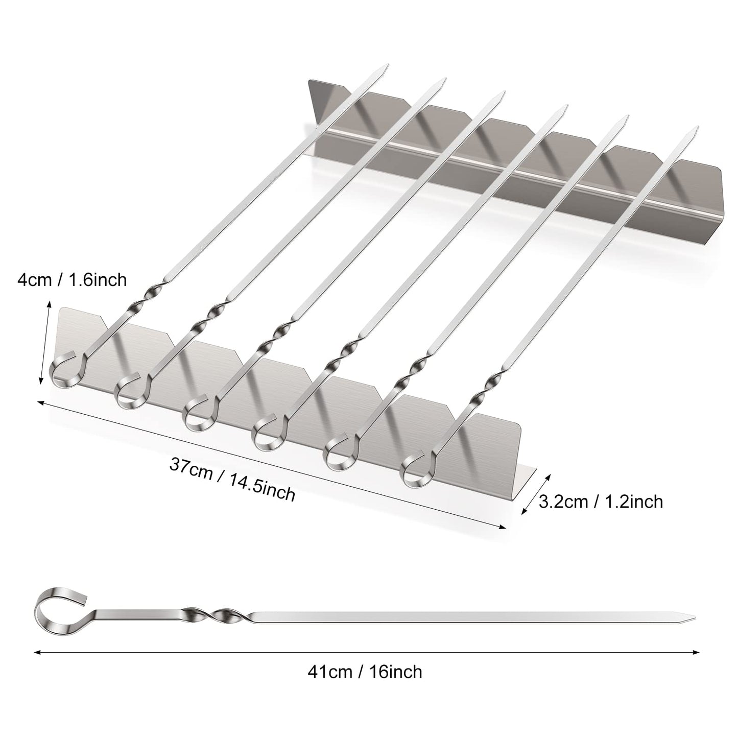6 Pack Metal Skewers Grilling Stainless Steel BBQ Skewers Set, 6 Pack 40.5 cm / 16 Inch Metal Kebab Skewers with 2 × 30 cm Skewer Holders, Heavy Duty Flat Grill Skewers for Meat & Vegetables