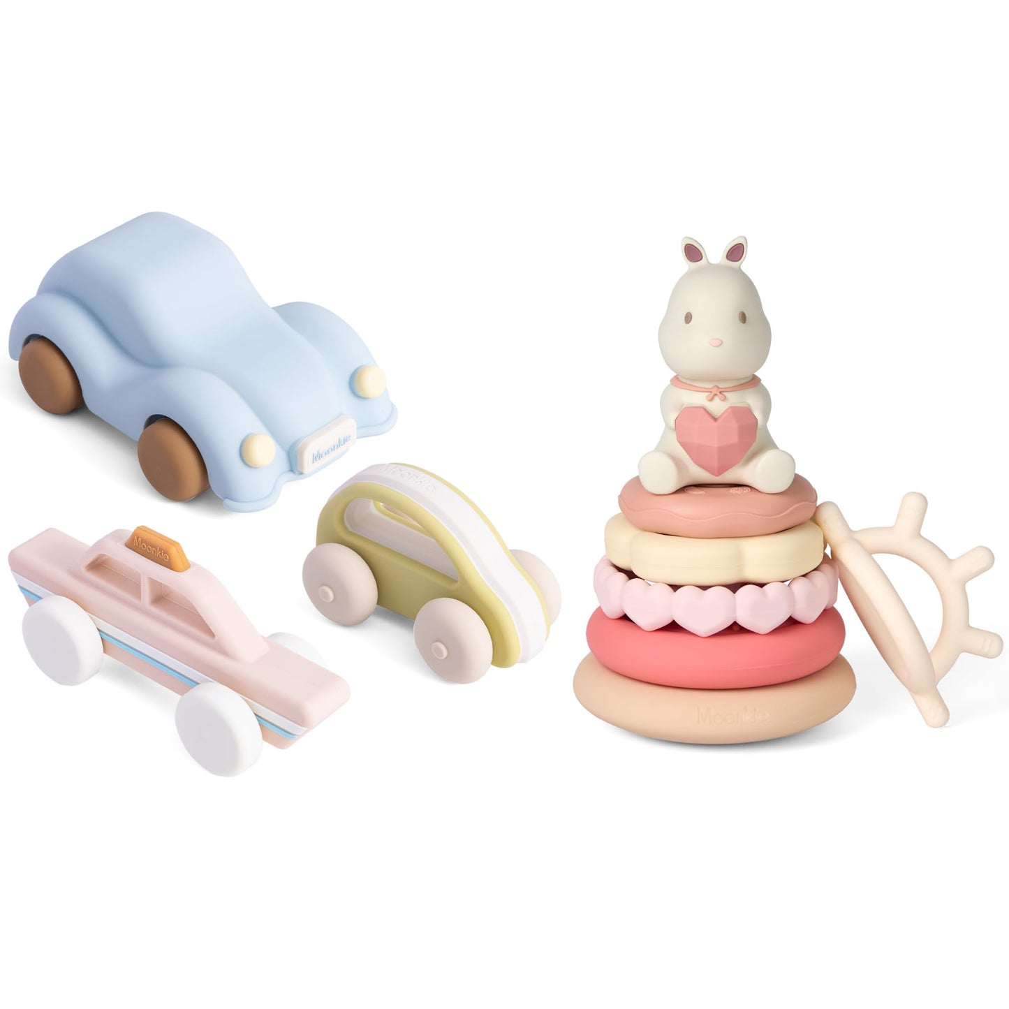 Moonkie Baby Silicone Toy Bundle | Food-Grade Push Cars (3-Pack) & Bunny Stacking Rings (7-Piece) | Safe One-Piece Design for Teething & Play | Montessori Educational Toys for Infants & Toddlers 6M+ |