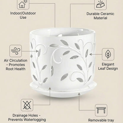 EFISPSS Ceramic Orchid Pots 5+6 Inch White with Drainage Holes & Tray, Breathable Airflow, Indoor & Outdoor