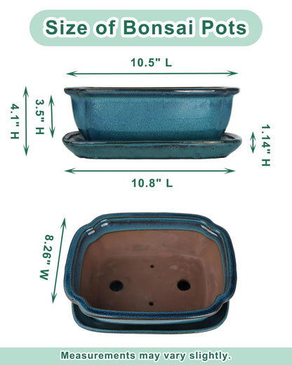 vensovo Ceramic Bonsai Pots with Drainage Hole and Saucer - 10.5 Inch Rectangular Glazed Shallow Planter for Bonsai Trees and Succulents(Blue)