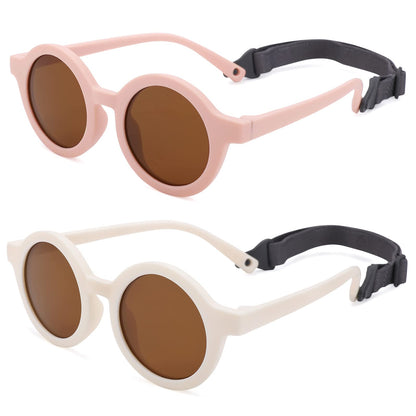 COASION Baby Polarized Round Sunglasses Flexible Rubber Shades with Strap for Toddler Newborn Infant Ages 0-24 Months (Pink/Brown + White/Brown)