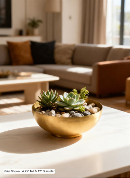 Serene Spaces Living Antique Brass Decorative Bowls, Metal Pedestal Basket for Floating Candles, Flowers, Potpourri & Catchall Decor, Centerpiece for Tabletop, 4.75" Tall x 12" Diameter, Pack of 4