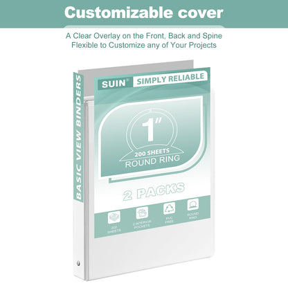 SUIN 1-Inch 3-Ring-Binder, Customizable Clear View Cover, for US Letter Size 8-1/2 x 11'', Perfect for Office/School (White - 12 Packs)