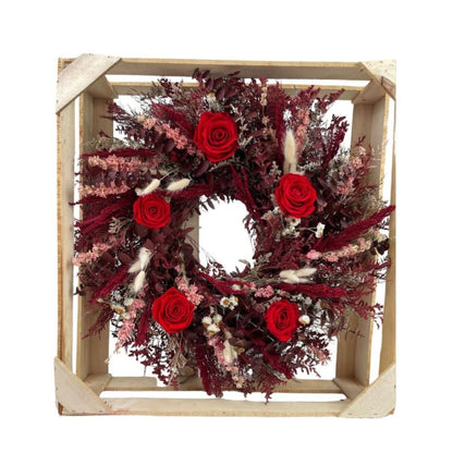 All Natural Preserved Red Rose Wreath, Handmade with Real Preserved Roses and Burgundy Eucalyptus, 20 Inch Dried Floral Wreath for Front Door and Wall Decor