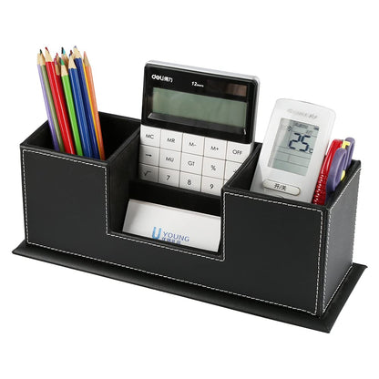 KINGFOM Office Supplies Desk Organizer PU Leather Storage Box 4 Divided Compartments for Pen Business Card Remote Control Mobile Phone Cosmetics Collection Holder (Black)