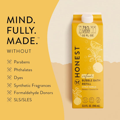 The Honest Company Foaming Bubble Bath Refill Carton, Gentle for Baby, Naturally Derived, Tear-Free, Hypoallergenic, Citrus Vanilla Refresh, 32 fl oz