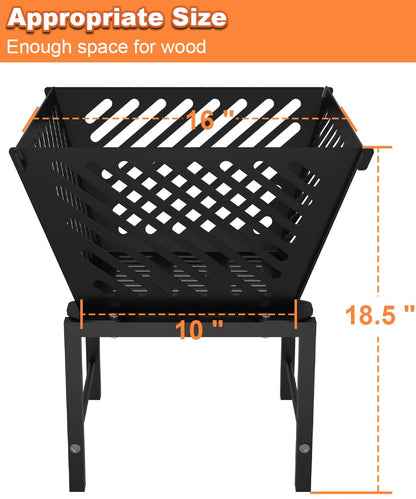 Mondazie Outdoor Fire Pit — 17 Inch Portable with Storage Bag for Camping, Patio Heating, Picnic and BBQ, Trapezoid Diagonal Hollow, Black
