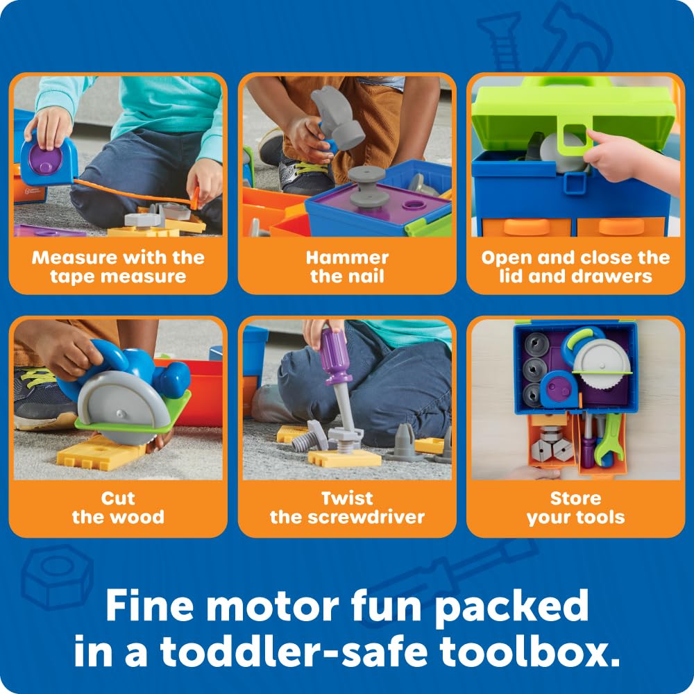 Learning Resources New Sprouts All-in-One Toolbox - Kids Tool Set, Toddler Toys, Fine Motor Skills, Pretend and Play Construction Box, Montessori Drill and Screw Toys, Gifts for Boys and Girls