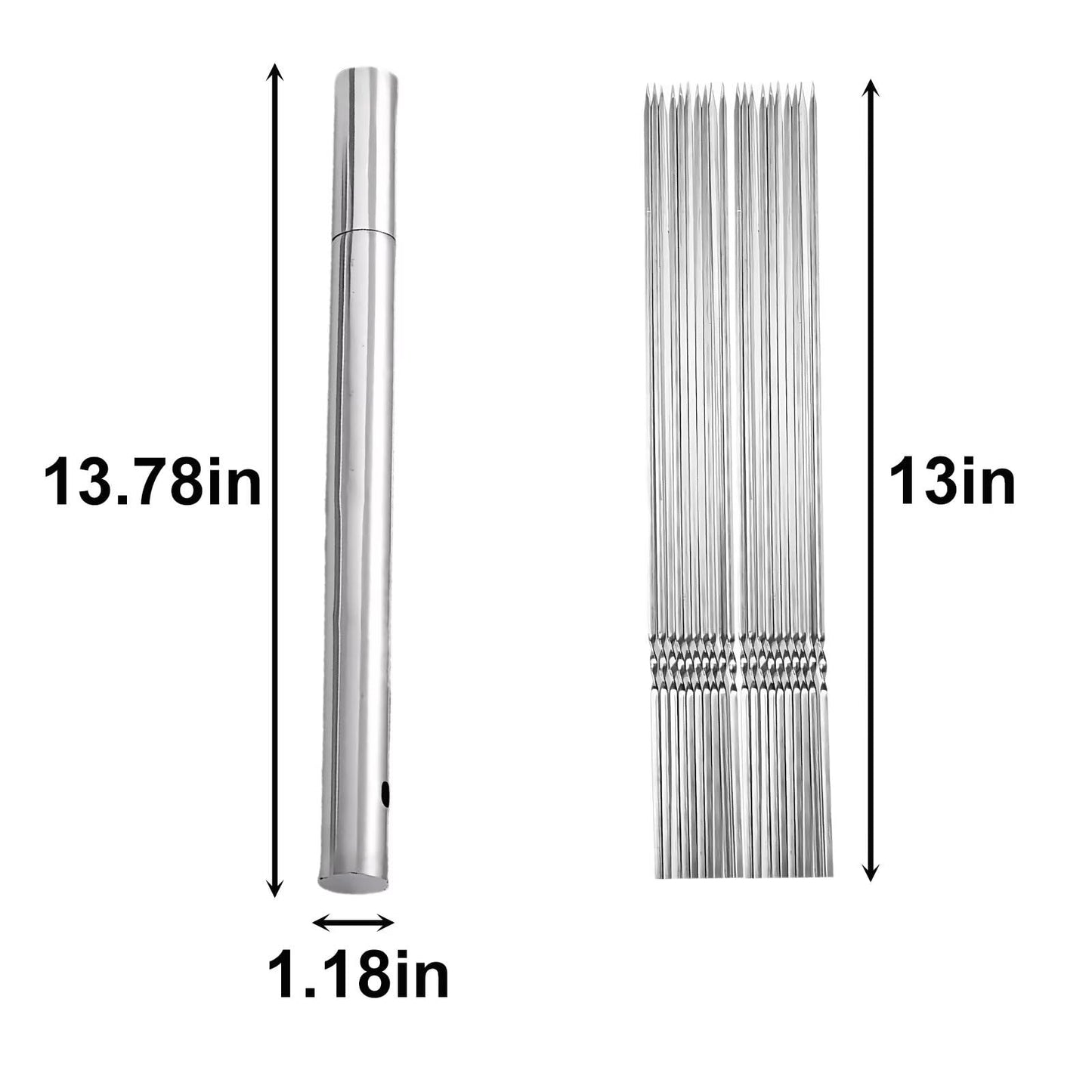 20PCS 304 Stainless Steel 13 Inch Long Flat Barbecue Skewers Set, Kebab BBQ Skewers with Portable Metal Storage Tube, Reusable Grilled Skewer Tool for Grilling Kitchen Party and Outdoor Cooking
