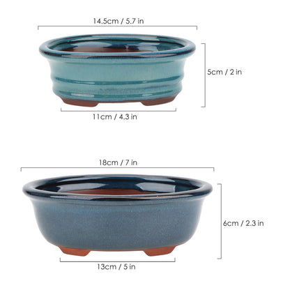 Bonsai Planter Succulent 5.7" 7" Glazed Pots, Value Set of 2 + 4 Soft Mesh Drainage Screens
