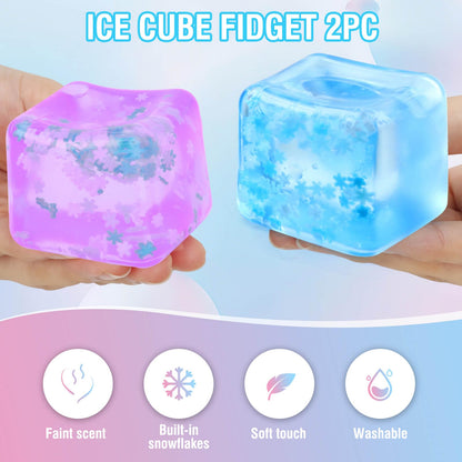 Gretex Fidget Toy for All Ages: 2 Pack Soft Sensory Fidget Ice Cube Stress Ball Squishy Cube Stress Relief Toys for Kids, Teens and Adults Party Favors, Birthday Gift for Kids Age 3+, Blue Purple