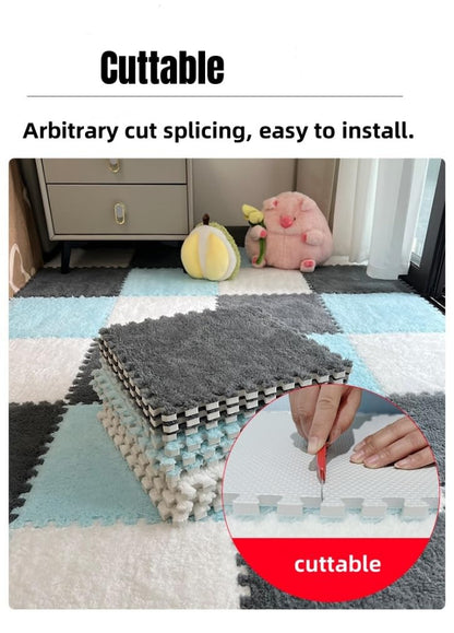 12Pcs Interlocking Carpet Tiles,12"x 12" Plush Interlocking Foam Carpet Tiles with Border,Fluffy Play Mat Floor Tiles Thick Padded Squares Foam Tiles for Playroom Decor (White+Green)