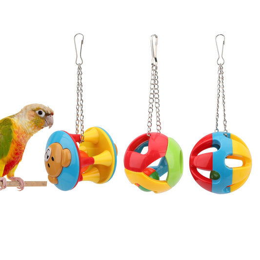 Hypeety Parrot Colorful Ball Toys with Bell Cage Hanging Chewing String for Parakeet Conure Cockatiel Small Medium Birds (A+B+C)