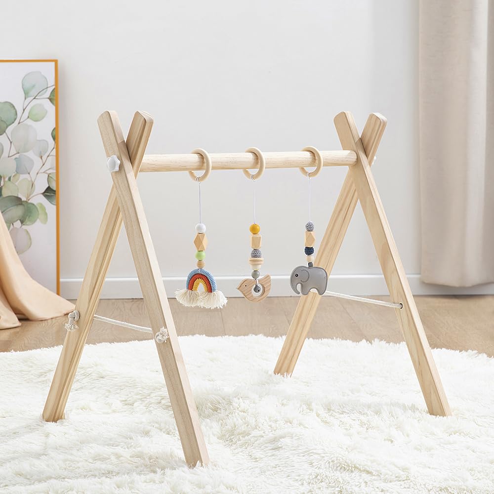Toyking Wooden Baby Play Gym with Hanging Bar, 4 Gym Toys and Natural Pine Wood, Perfect for Infant Development