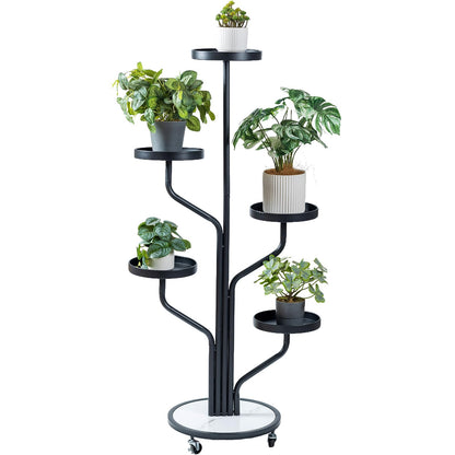 CHPHI 5 Tier Indoor Plant Stand Wrought Iron, Tall Metal Plant Stand with Wheels, Metal Rolling Plant Shelf with 5 Trays, Multi-tier Rolling Display Stand for Home and Office(Black)