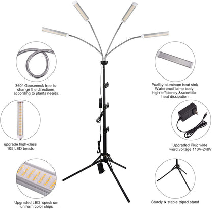 LED Grow Lights for Indoor Plants, 420 LEDs Full Spectrum Plant Lights for Indoor Growing with 15-63 inches Adjustable Tripod Stand, 4 Heads Floor Grow Lamp with 3/6/12H Auto On/Off Timer Function