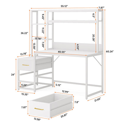 Tribesigns 55 Inch Computer Desk with 2 Drawers and Storage Shelves, Rustic Office Desk with Hutch, Study Writing Gaming Table Laptop Workstation for Home Office (White)