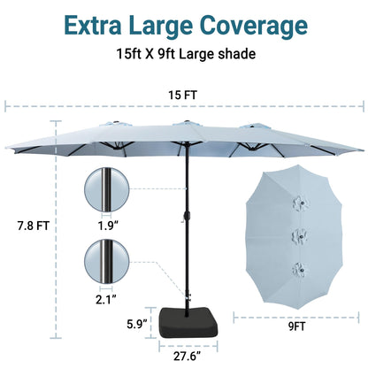 Bigroof 15ft Patio Umbrella with Base, Large Outdoor Double-Sided Market Umbrella with Terylene Polyester Fabric and Crank for Poolside Garden Deck Backyard Beach Pools, Light Blue