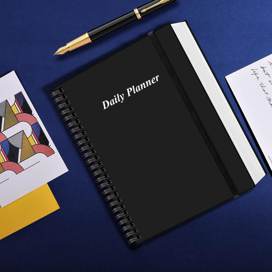 Daily Planner Undated - A4 To Do List Notebook Hourly Schedules, Spiral Appointment Planner for Women and Men,PVC Hardcover, Inner Pocket, Elastic Closure, 8.5" x 11", Black