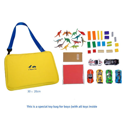 Portable kids toys storage bag with alloy toy cars, simulated dinosaurs, building blocks, base plates and a city road map. Educational travel toy set, suitable as a birthday gift for children aged 3-6