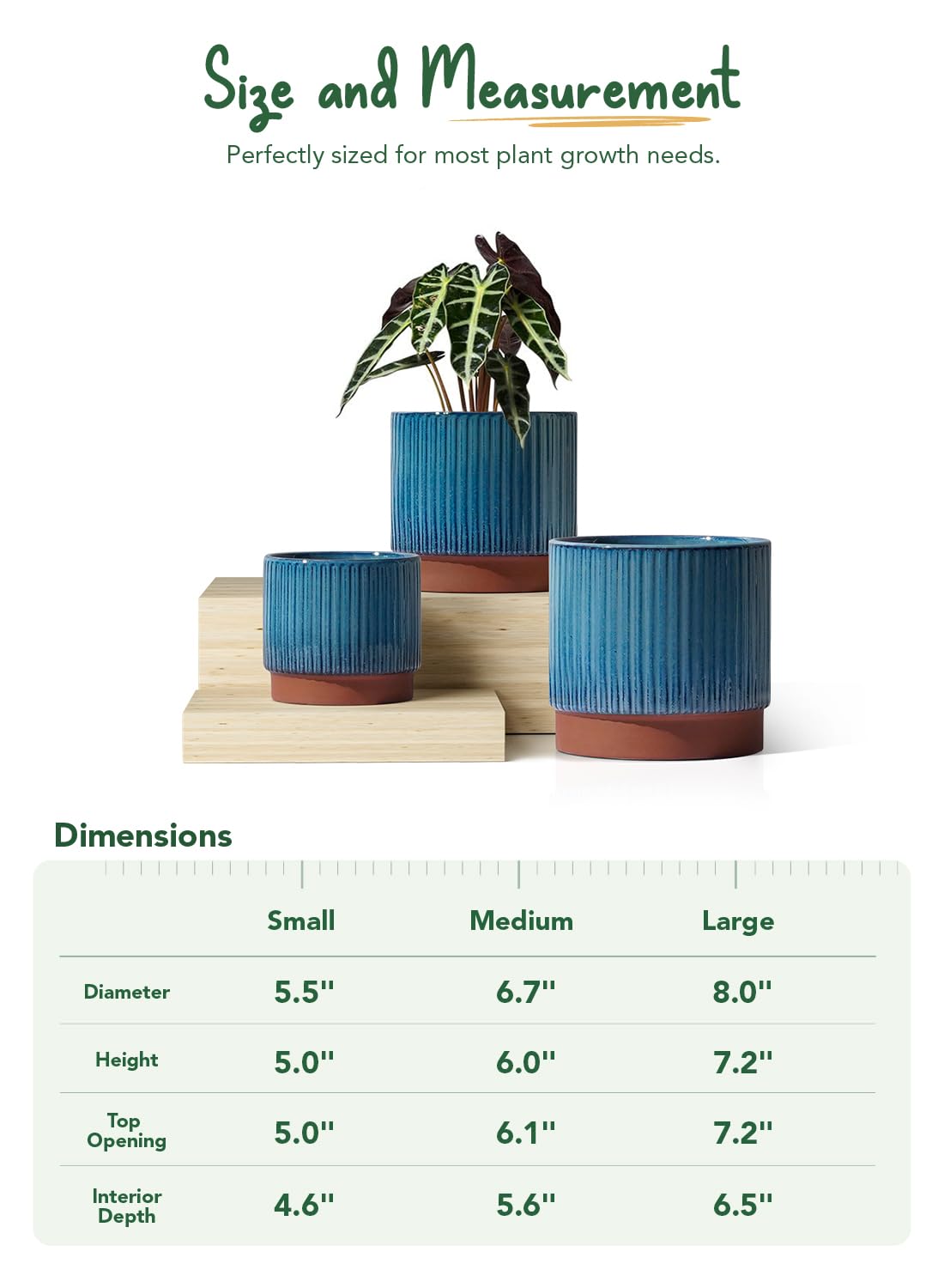LE TAUCI Ceramic Pots for Plants, 8+6.7+5.5 Inch Plant Pots Indoor, Flower Pot with Drainage Holes, Medium Cylinder Planters for Indoor House Plants, Set of 3, Blue